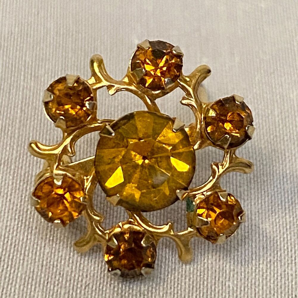 💎Tiny Amber Brown Rhinetone Flower Brooch In Gold Tone Metal Prongs